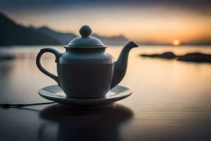 tea pot on a saucer in front of the sunset. AI-Generated photo