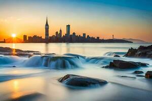 the city skyline is seen in the background as water flows over rocks. AI-Generated photo