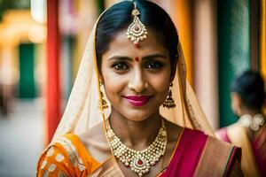 a woman in a sari with jewelry and makeup. AI-Generated photo