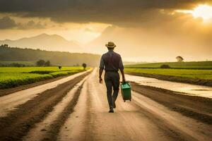a man walks down a dirt road carrying a green bag. AI-Generated photo