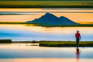 a man stands on a paddle board in the water with a mountain in the background. AI-Generated photo