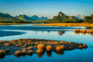 el montañas y agua son reflejado en el agua. generado por ai foto