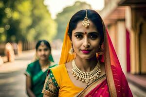 a woman in a colorful sari and jewelry. AI-Generated photo