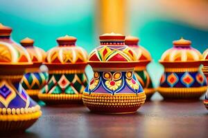 colorful vases with designs on them on a table. AI-Generated photo