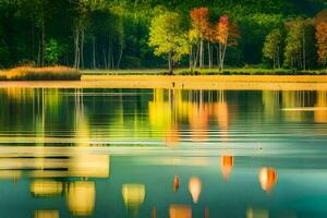 a lake with trees and water reflecting in the water. AI-Generated photo