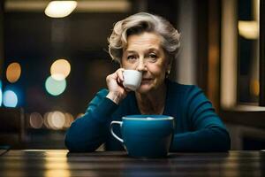 an older woman is sitting at a table with a cup of coffee. AI-Generated photo