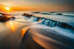 the sun sets over the ocean in this long exposure photograph. AI-Generated photo