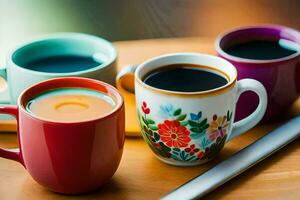 four colorful coffee cups with different colors. AI-Generated photo