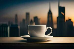a coffee cup sits on a table in front of a city skyline. AI-Generated photo
