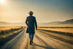 un hombre en un sombrero y traje caminando abajo un suciedad la carretera. generado por ai foto