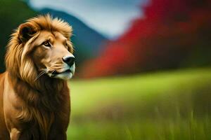 a lion is standing in the grass with a mountain in the background. AI-Generated photo