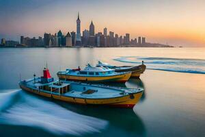 boats in the ocean at sunset with the city skyline in the background. AI-Generated photo