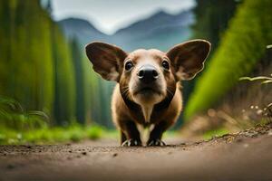 a dog with big ears walking on a dirt road. AI-Generated photo