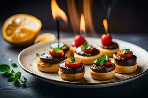 small appetizers with chocolate and strawberries on a plate. AI-Generated photo