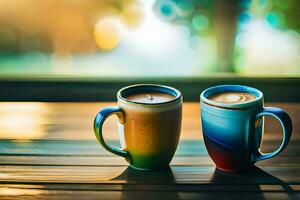 two colorful coffee cups sit on a wooden table. AI-Generated photo