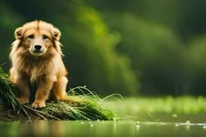 a golden retriever sitting on a log in the water. AI-Generated photo