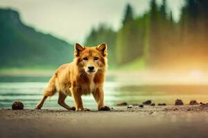 a dog is standing on the beach near a lake. AI-Generated photo