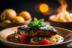 a plate of food with pasta and fish on a table. AI-Generated photo