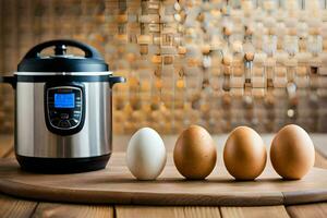 an electric pressure cooker with four eggs and a pot of water. AI-Generated photo
