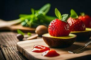 strawberries in bowls with ketchup and mint leaves. AI-Generated photo