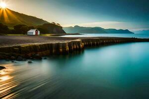 a red house sits on the shore of a body of water. AI-Generated photo