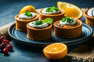 small cakes with cream and oranges on a black plate. AI-Generated photo