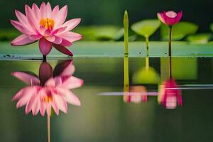 two pink lotus flowers are reflected in the water. AI-Generated photo