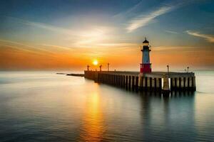 un faro a puesta de sol con el Dom ajuste detrás él. generado por ai foto