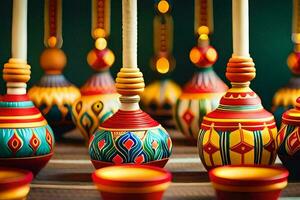 many colorful vases with candles on them. AI-Generated photo