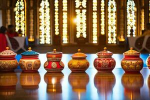 a row of colorful vases lined up in front of a stained glass window. AI-Generated photo