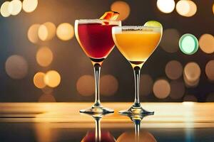 two cocktails on a table with a blurred background. AI-Generated photo