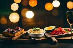 a table with food and wine on it. AI-Generated photo