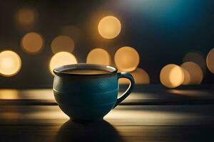 un taza de café en un de madera mesa con bokeh luces. generado por ai foto