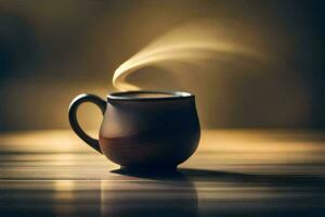 a cup of coffee on a table with a steam coming out of it. AI-Generated photo