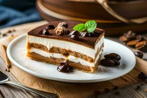 un rebanada de chocolate pastel con chocolate papas fritas y menta hojas. generado por ai foto