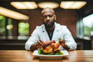 un hombre en un blanco Saco es participación un pollo. generado por ai foto