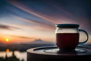 a cup of tea on a table with a view of the sunset. AI-Generated photo