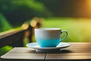 a cup of coffee on a wooden table. AI-Generated photo