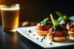 pequeño aperitivos en un plato con un vaso de cerveza. generado por ai foto