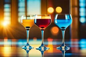 three glasses of wine on a table with a bright light. AI-Generated photo