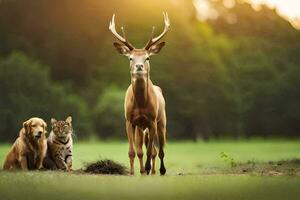 a deer and a cat are standing in the grass. AI-Generated photo