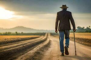 un hombre caminando en un suciedad la carretera con un caña. generado por ai foto