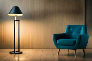 a blue chair and lamp in a room. AI-Generated photo