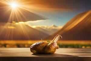a chicken on a wooden table with the sun shining behind it. AI-Generated photo