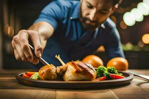 un hombre es corte arriba un pollo en un lámina. generado por ai foto