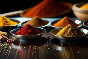 a variety of spices in bowls. AI-Generated photo