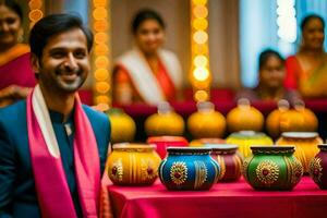 a man in a red sari smiles at the camera while holding colorful pots. AI-Generated photo