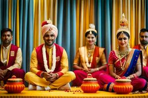 a group of indian wedding guests sitting on the floor. AI-Generated photo