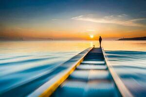 a man stands on a dock at sunset. AI-Generated photo