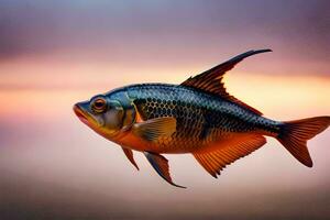 un pescado con un rojo y negro cuerpo es volador en el aire. generado por ai foto